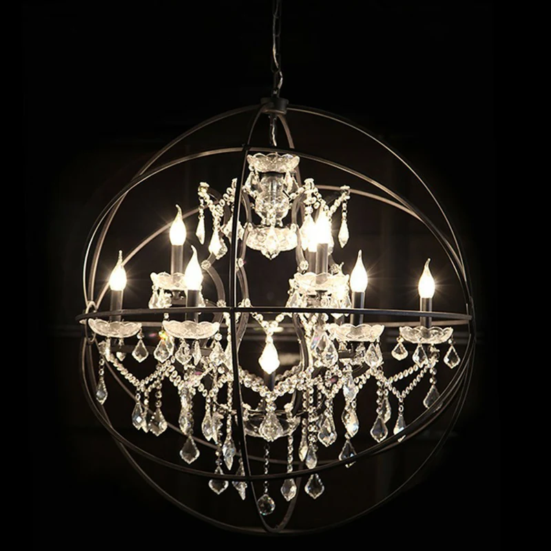 Lustre sphérique noir, lampe suspendue rustique en métal noir avec décorations en cristal Clearhalo