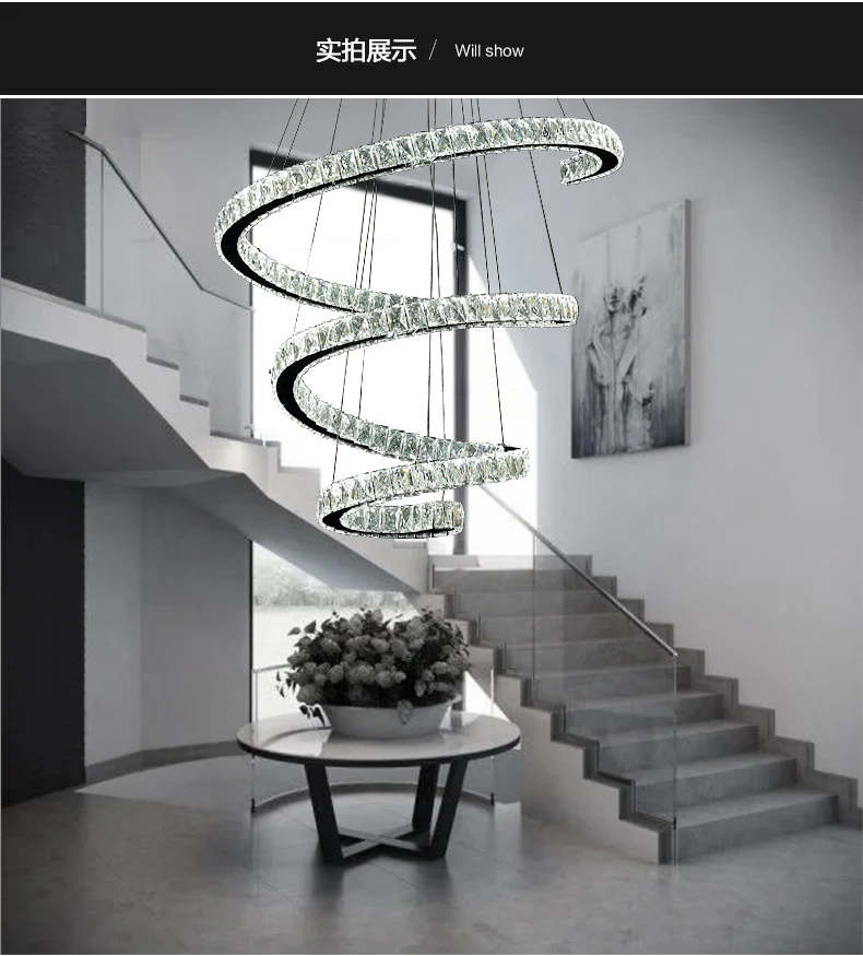 Lustre en spirale incrusté de cristal, suspension simple en acier inoxydable, LED Clearhalo