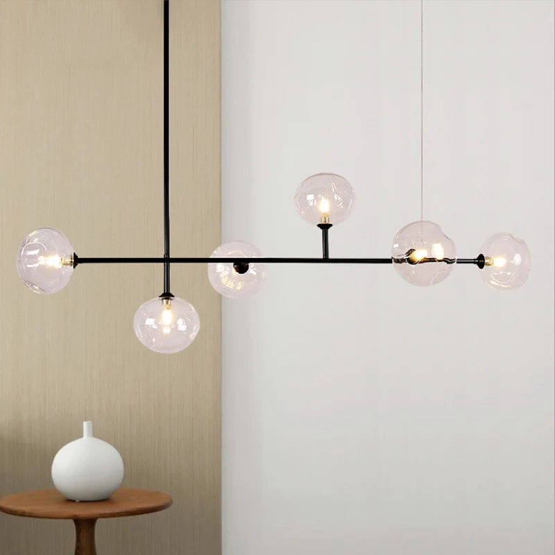 Lustre suspendu à abat-jour à bulles en verre, pour Restaurant, 6 lumières, lampe d'îlot moderne en métal noir Clearhalo