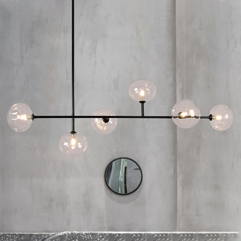 Lustre suspendu à abat-jour à bulles en verre, pour Restaurant, 6 lumières, lampe d'îlot moderne en métal noir Clearhalo