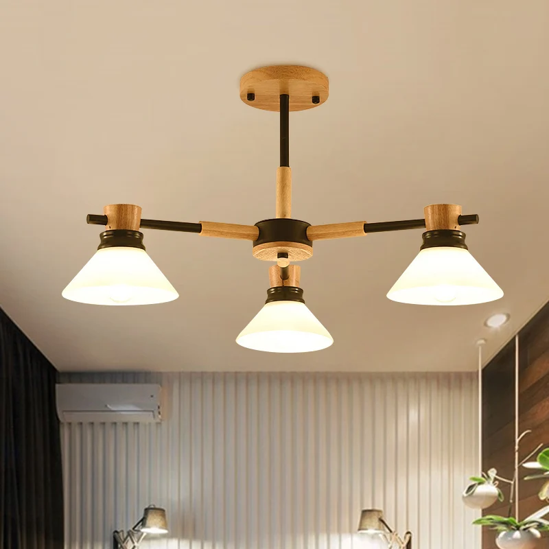 Lustre suspendu à abat-jour conique, branche noire/or, moderne, en verre et en bois, luminaire décoratif d'intérieur, idéa...