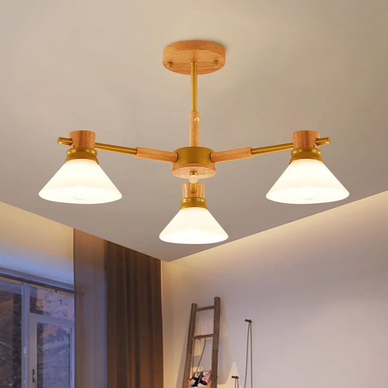 Lustre suspendu à abat-jour conique, branche noire/or, moderne, en verre et en bois, luminaire décoratif d'intérieur, idéa...