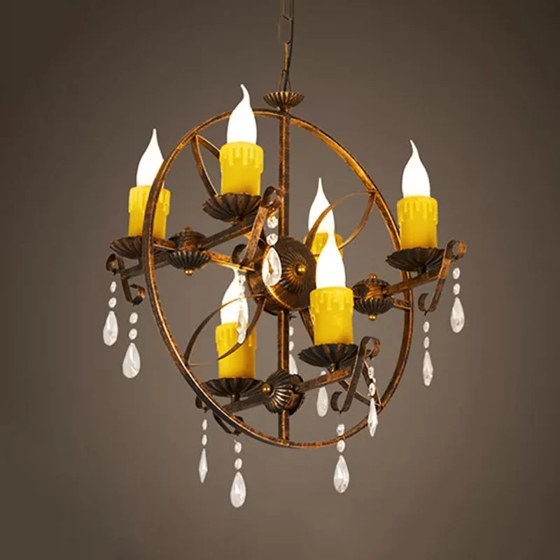 Lustre suspendu à 6 ampoules, bougie vintage en fer, rouille, design circulaire et décor en cristal Clearhalo