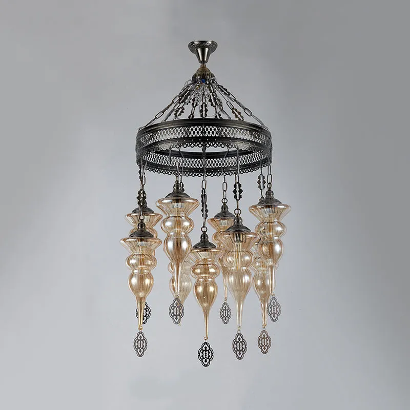 Lustre suspendu à 9 ampoules, luminaire traditionnel pour café, luminaire suspendu avec pot, abat-jour en verre nervuré Cl...