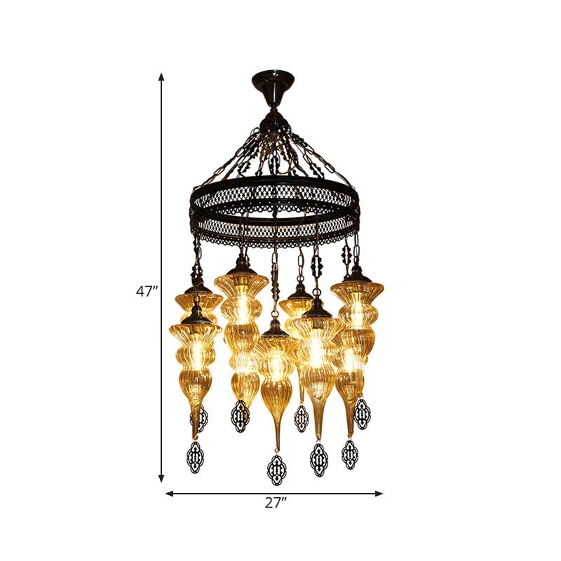 Lustre suspendu à 9 ampoules, luminaire traditionnel pour café, luminaire suspendu avec pot, abat-jour en verre nervuré Cl...