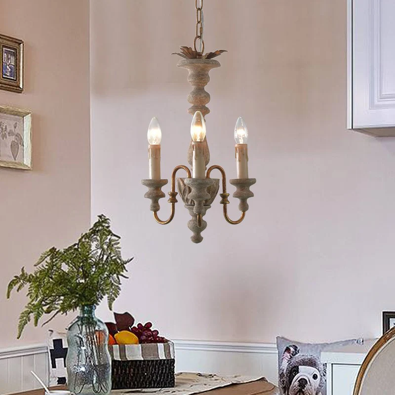 Lustre suspendu à bras incurvé blanc en détresse, bois Rural, 3 ampoules, plafonnier suspendu pour salle à manger Clearhalo