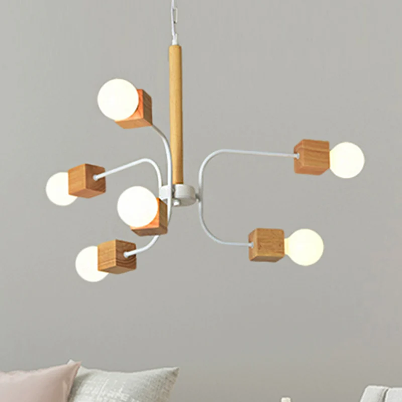 Lustre suspendu à bras incurvé blanc/noir, luminaire moderniste multi-lumières en bois avec chaîne Clearhalo
