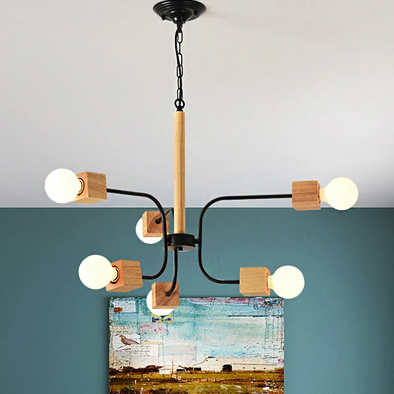 Lustre suspendu à bras incurvé blanc/noir, luminaire moderniste multi-lumières en bois avec chaîne Clearhalo