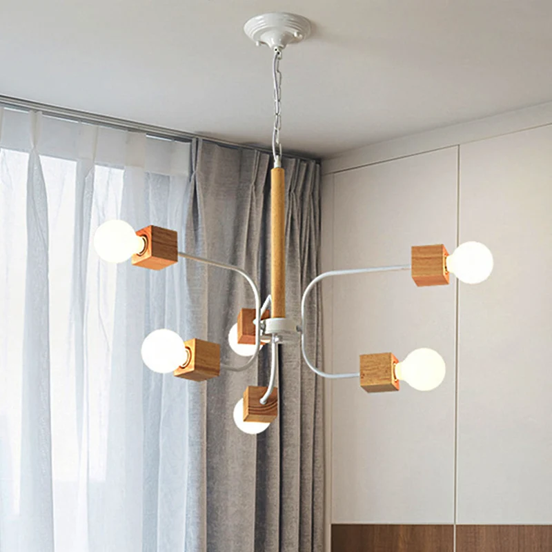 Lustre suspendu à bras incurvé blanc/noir, luminaire moderniste multi-lumières en bois avec chaîne Clearhalo