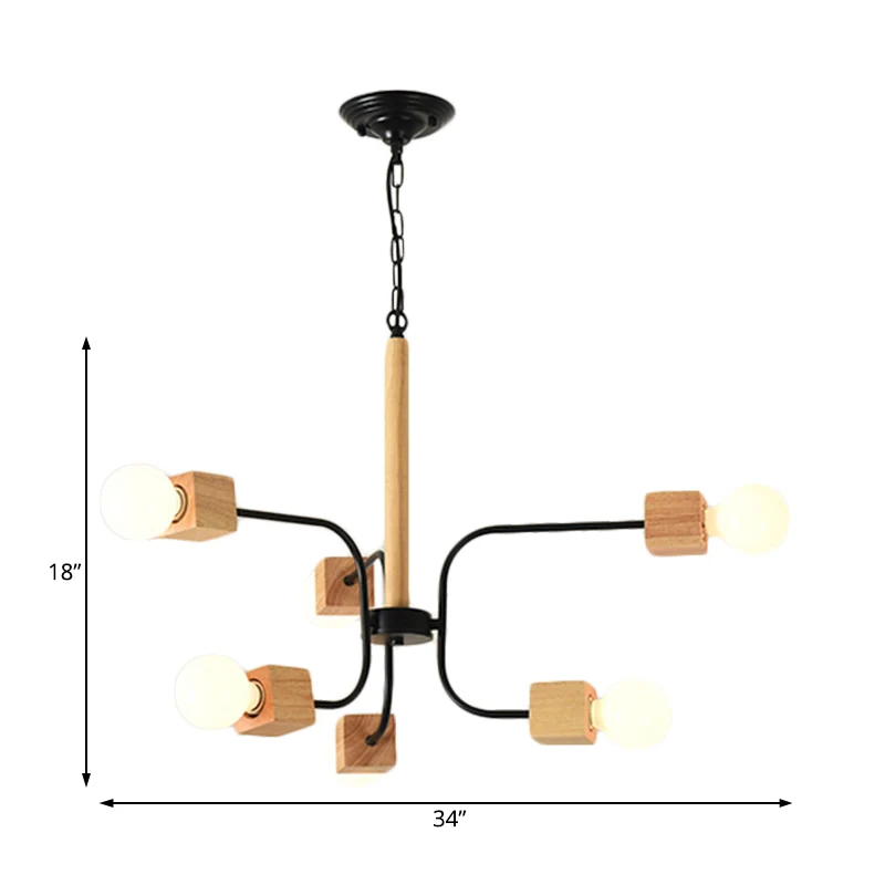 Lustre suspendu à bras incurvé blanc/noir, luminaire moderniste multi-lumières en bois avec chaîne Clearhalo