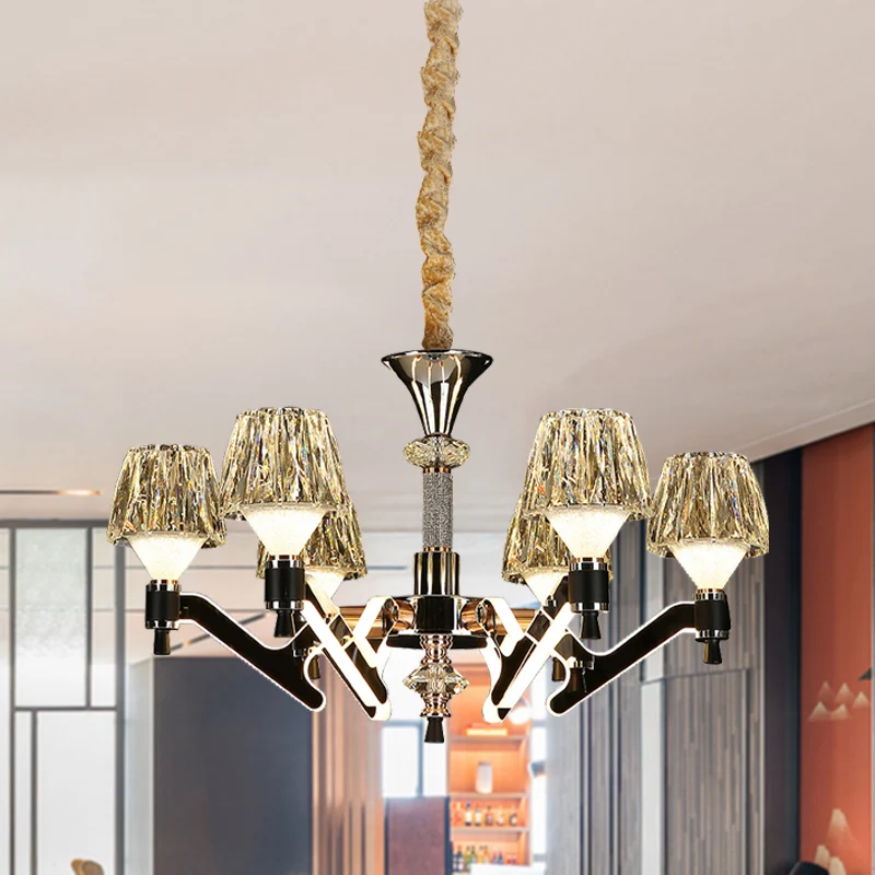 Lustre suspendu en cône moderne en cristal, 6 lumières chromées, plafonnier suspendu pour le salon Clearhalo