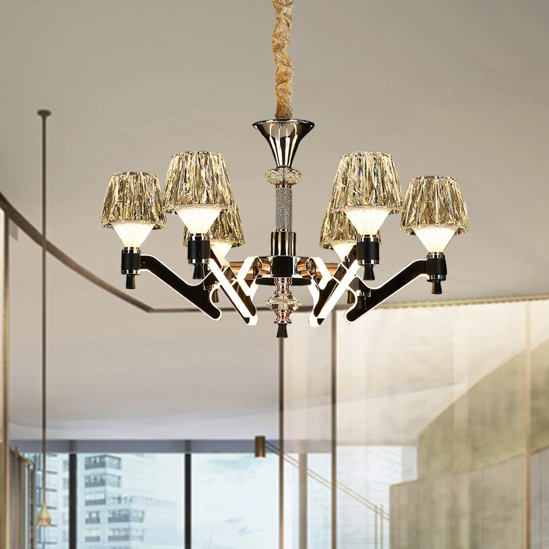 Lustre suspendu en cône moderne en cristal, 6 lumières chromées, plafonnier suspendu pour le salon Clearhalo