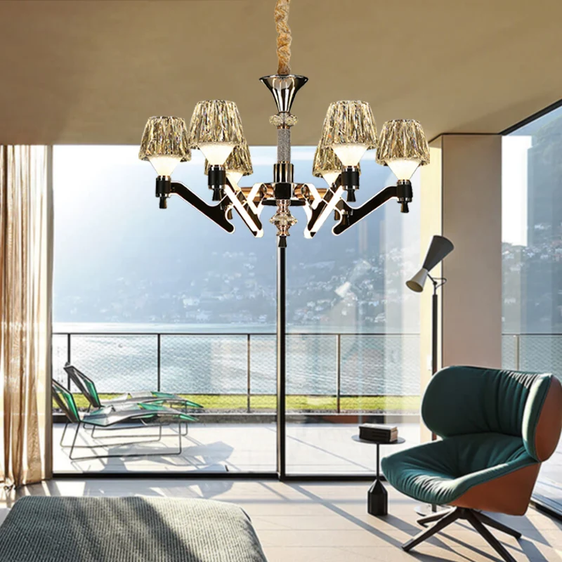 Lustre suspendu en cône moderne en cristal, 6 lumières chromées, plafonnier suspendu pour le salon Clearhalo