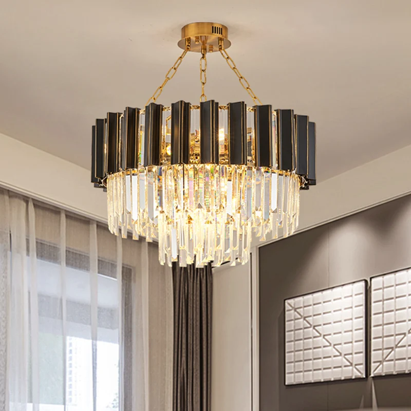 Lustre suspendu conique à 3 niveaux pour chambre à coucher, prisme en cristal moderniste, lustre noir et doré à 9 lumières...
