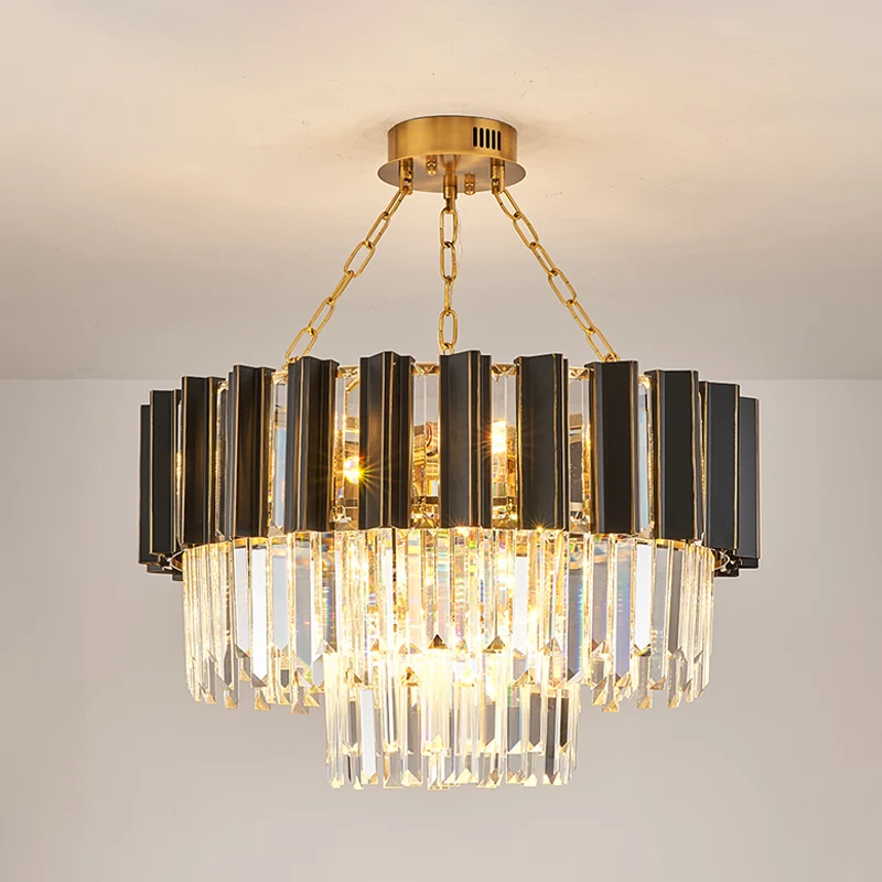 Lustre suspendu conique à 3 niveaux pour chambre à coucher, prisme en cristal moderniste, lustre noir et doré à 9 lumières...