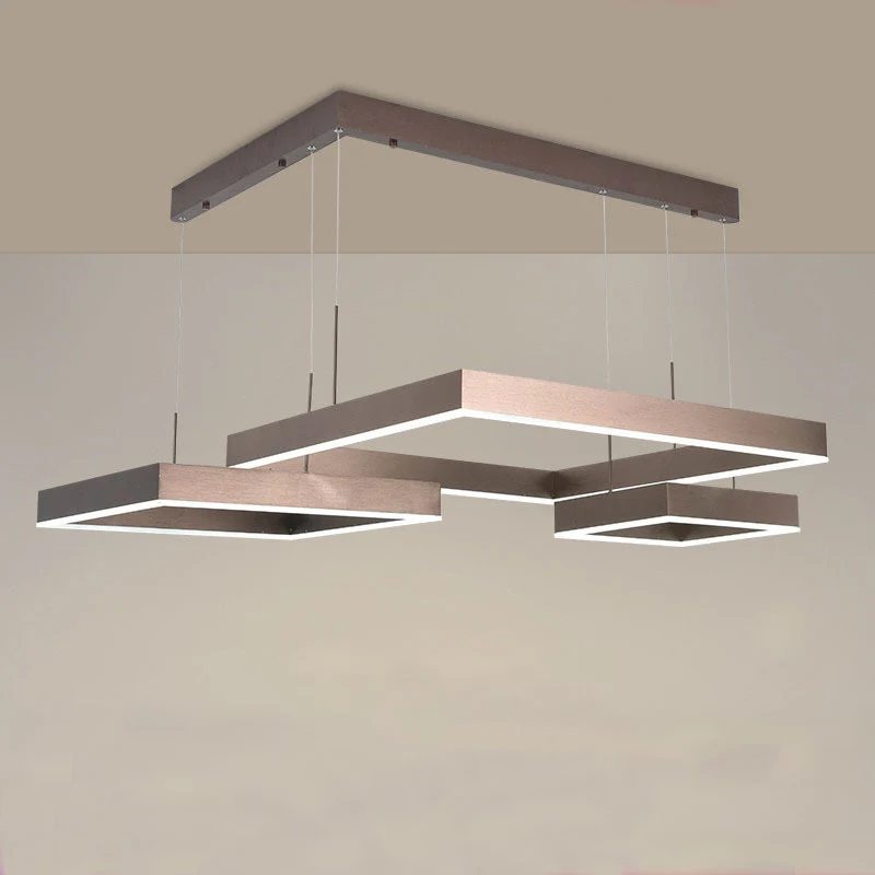 Lustre suspendu contemporain à 3 carrés en aluminium, LED marron, lumière chaude/blanche, petit/grand Clearhalo