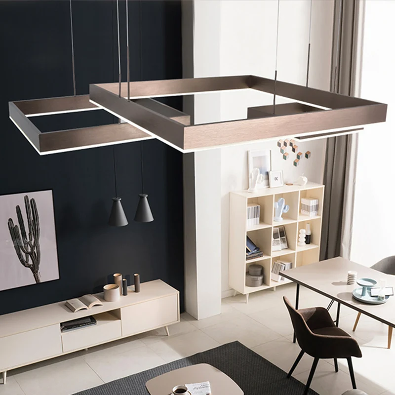 Lustre suspendu contemporain à 3 carrés en aluminium, LED marron, lumière chaude/blanche, petit/grand Clearhalo
