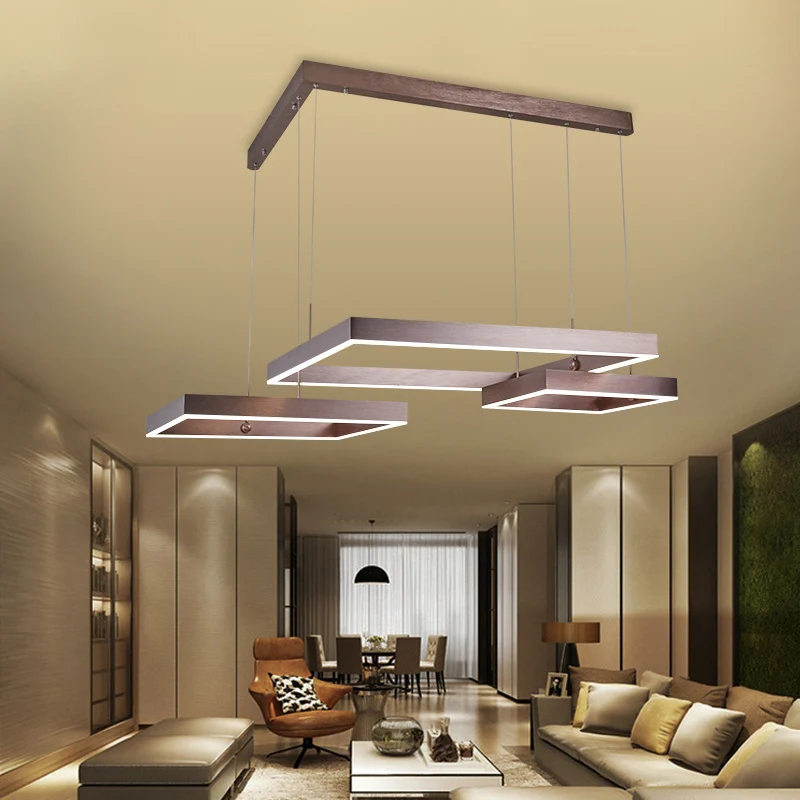 Lustre suspendu contemporain à 3 carrés en aluminium, LED marron, lumière chaude/blanche, petit/grand Clearhalo
