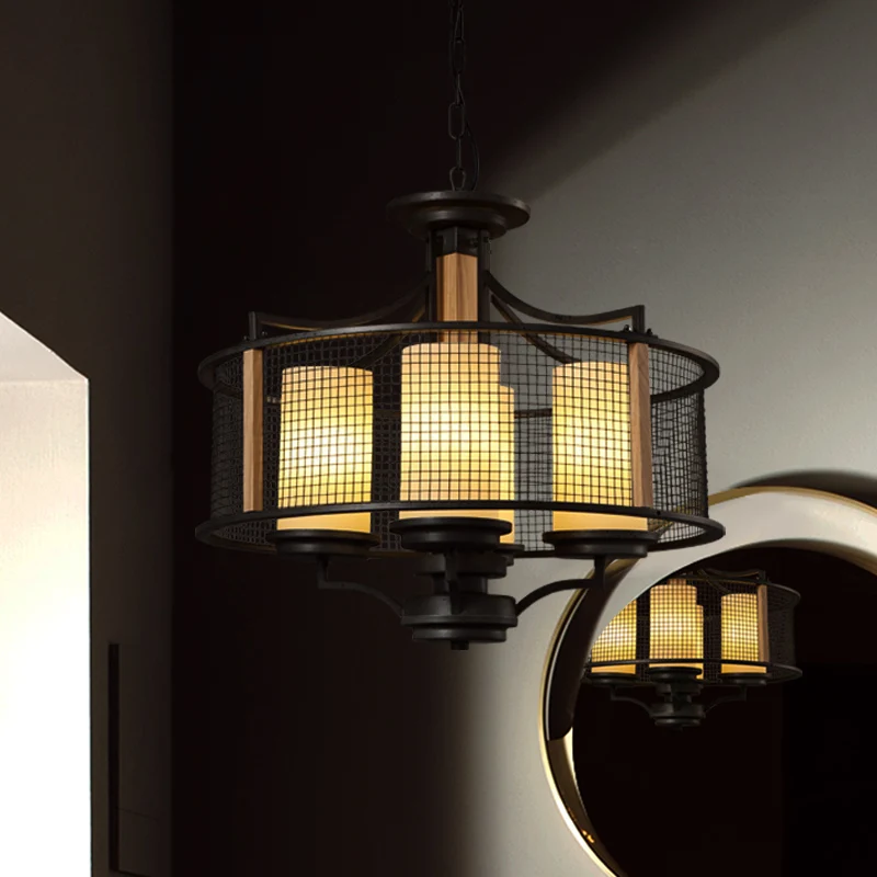 Lustre suspendu cylindrique noir, Style traditionnel en verre dépoli, 4 têtes, Kit de suspension pour salon avec Cage à ta...