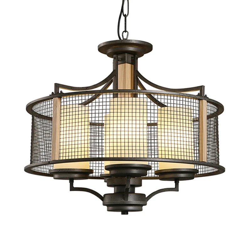 Lustre suspendu cylindrique noir, Style traditionnel en verre dépoli, 4 têtes, Kit de suspension pour salon avec Cage à ta...
