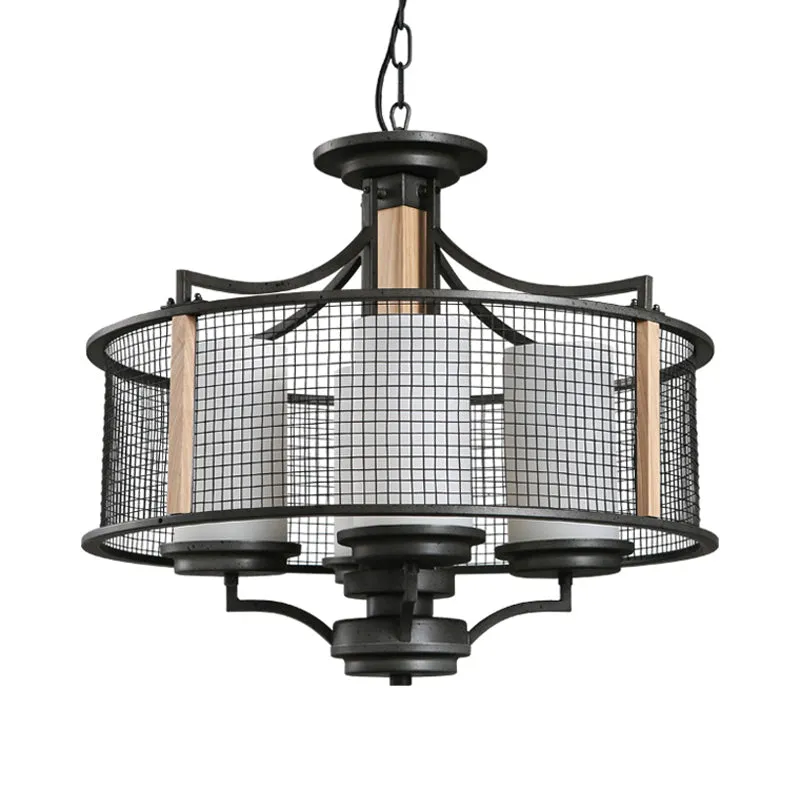 Lustre suspendu cylindrique noir, Style traditionnel en verre dépoli, 4 têtes, Kit de suspension pour salon avec Cage à ta...