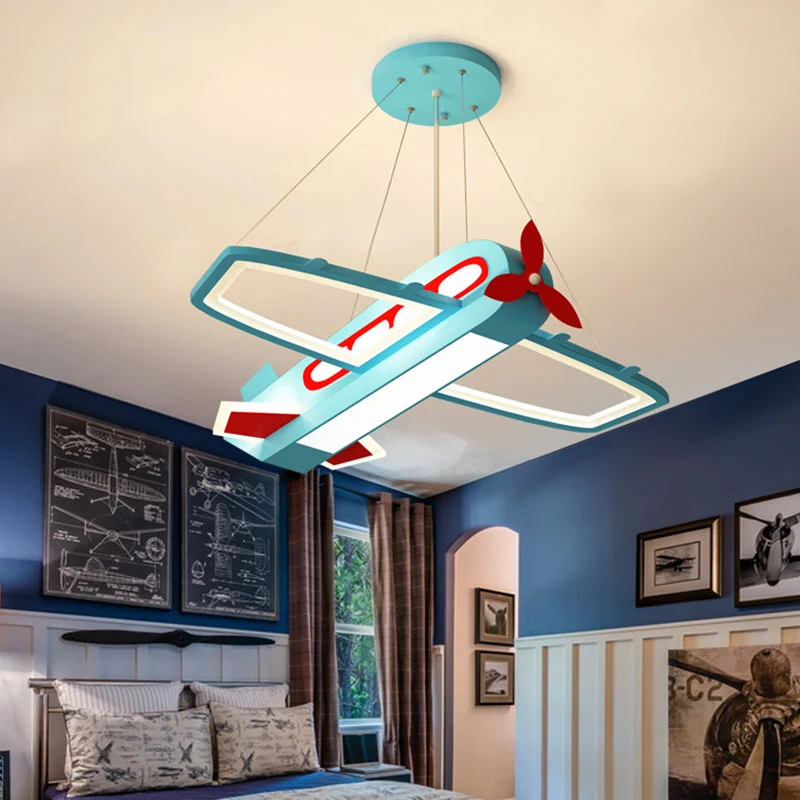 Lustre suspendu en forme d'avion bleu, plafonnier LED en métal et acrylique pour enfants, lumière chaude/blanche Clearhalo