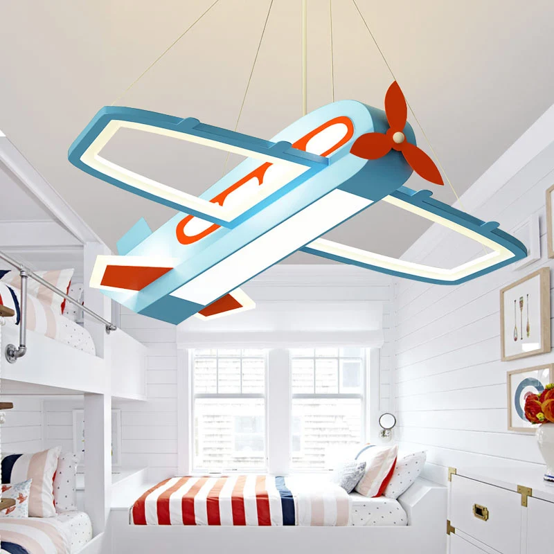 Lustre suspendu en forme d'avion bleu, plafonnier LED en métal et acrylique pour enfants, lumière chaude/blanche Clearhalo