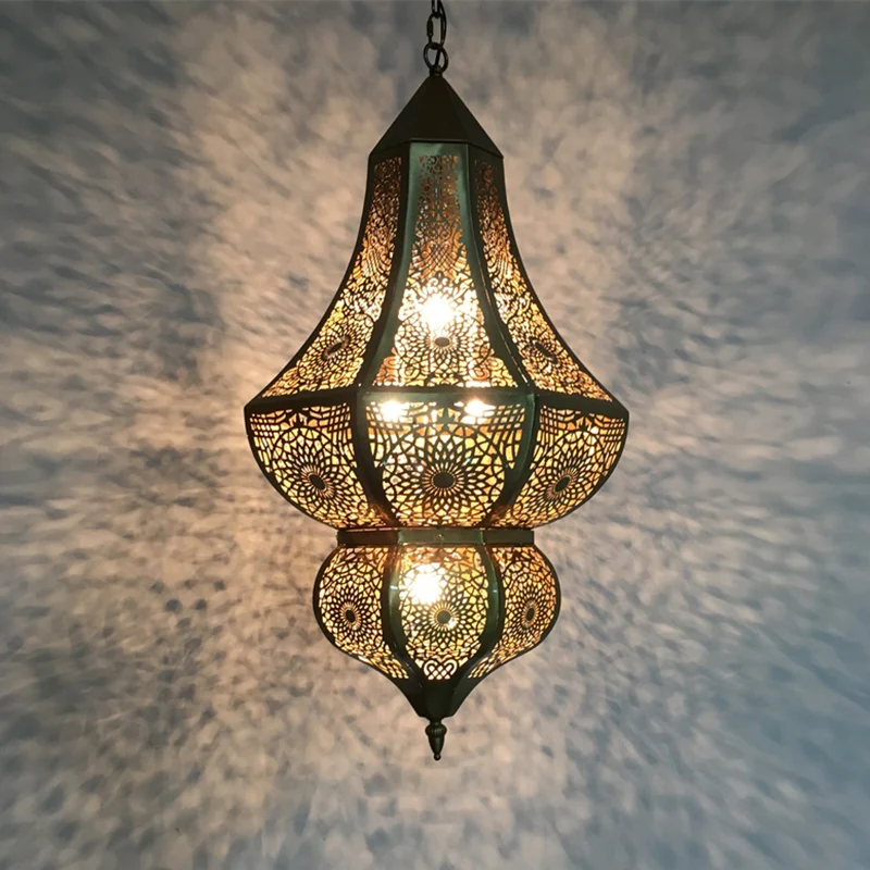Lustre suspendu en forme d'urne à 5 lumières, lampe suspendue arabe Vintage en laiton et métal avec Design creux Clearhalo