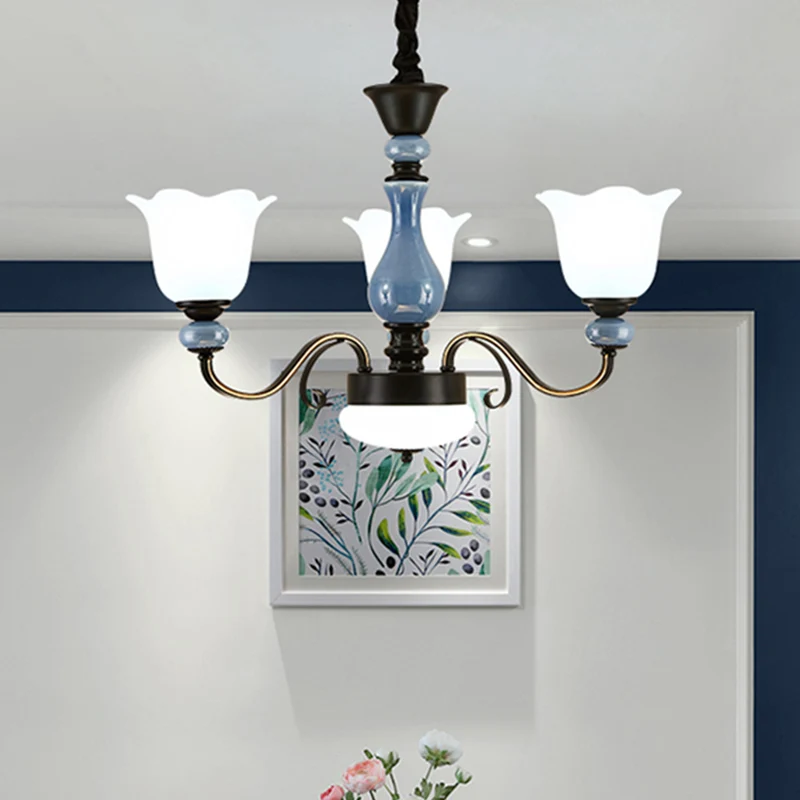Lustre suspendu en forme de fleur bleue, verre de lait de campagne, 3 ampoules, Kit de suspension pour salle à manger avec...