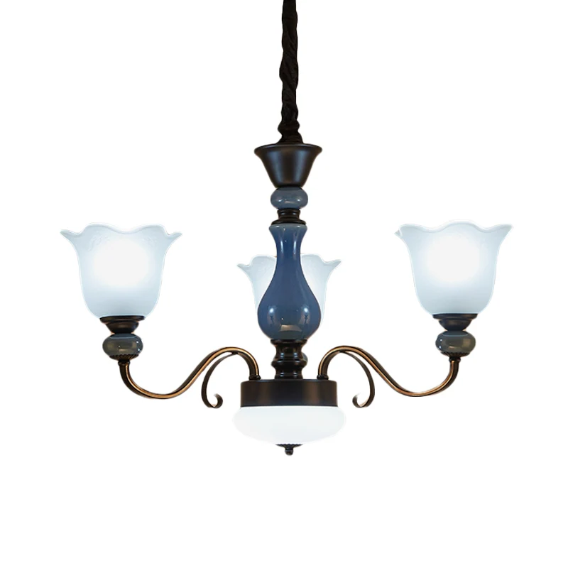 Lustre suspendu en forme de fleur bleue, verre de lait de campagne, 3 ampoules, Kit de suspension pour salle à manger avec...