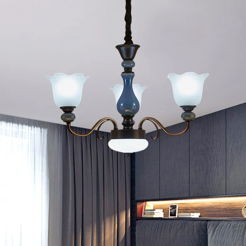 Lustre suspendu en forme de fleur bleue, verre de lait de campagne, 3 ampoules, Kit de suspension pour salle à manger avec...