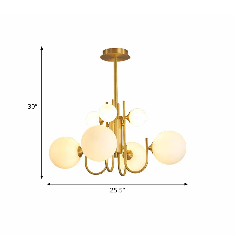 Lustre suspendu en forme de sphère en verre blanc givré, lustre suspendu à 8 têtes en laiton Clearhalo