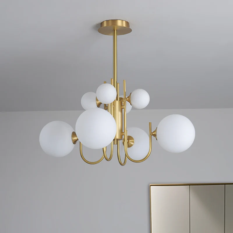 Lustre suspendu en forme de sphère en verre blanc givré, lustre suspendu à 8 têtes en laiton Clearhalo