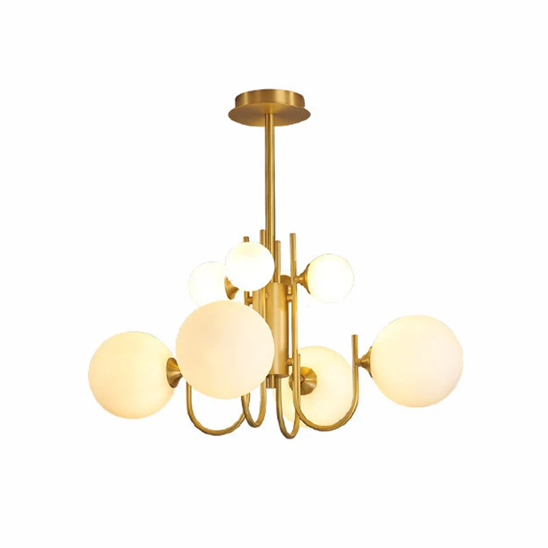 Lustre suspendu en forme de sphère en verre blanc givré, lustre suspendu à 8 têtes en laiton Clearhalo