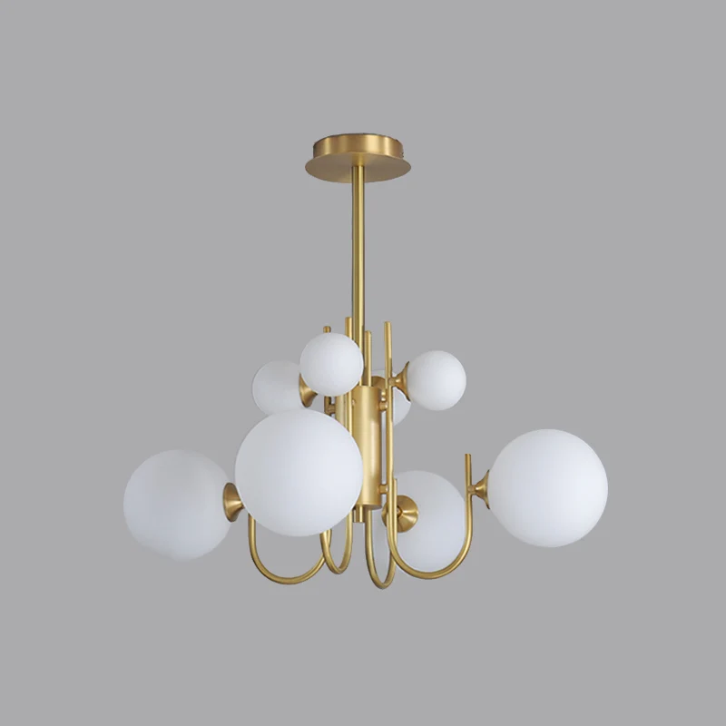 Lustre suspendu en forme de sphère en verre blanc givré, lustre suspendu à 8 têtes en laiton Clearhalo