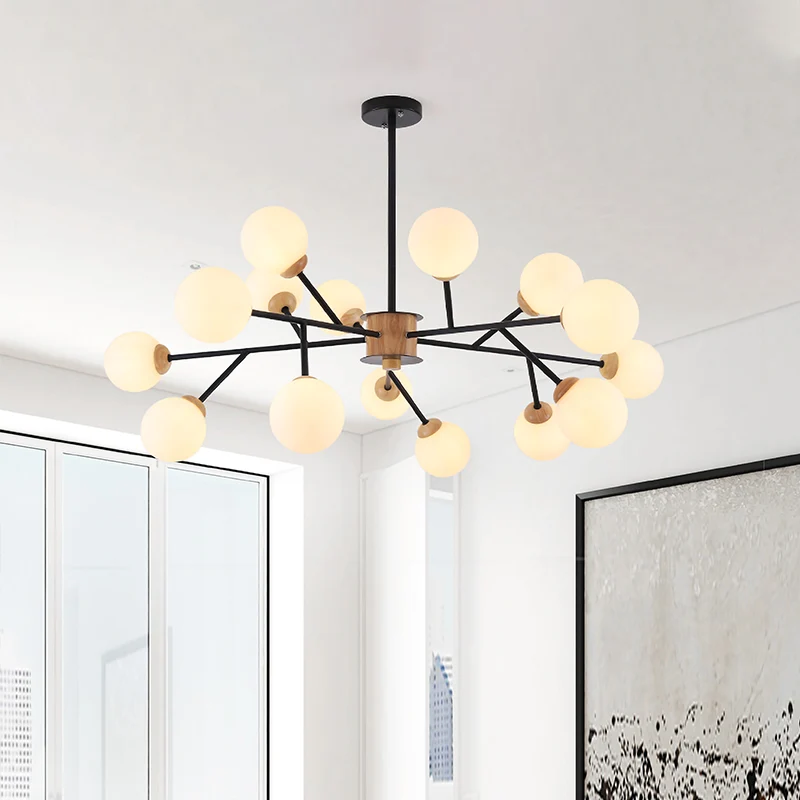 Lustre suspendu en forme de sphère de verre laiteux, luminaire contemporain à 6/15 têtes, blanc/noir Clearhalo