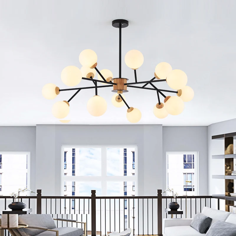 Lustre suspendu en forme de sphère de verre laiteux, luminaire contemporain à 6/15 têtes, blanc/noir Clearhalo