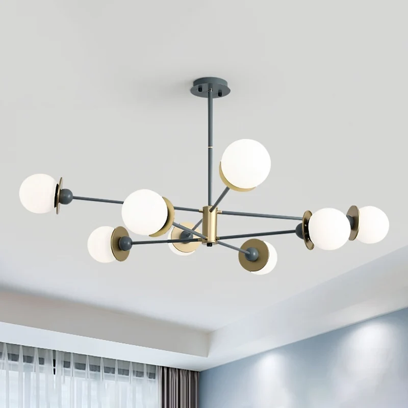 Lustre suspendu gris moderniste à 8 ampoules, Kit d'éclairage suspendu avec abat-jour en verre dépoli opale boule Clearhalo