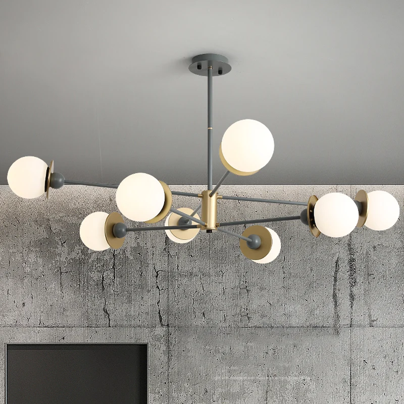 Lustre suspendu gris moderniste à 8 ampoules, Kit d'éclairage suspendu avec abat-jour en verre dépoli opale boule Clearhalo