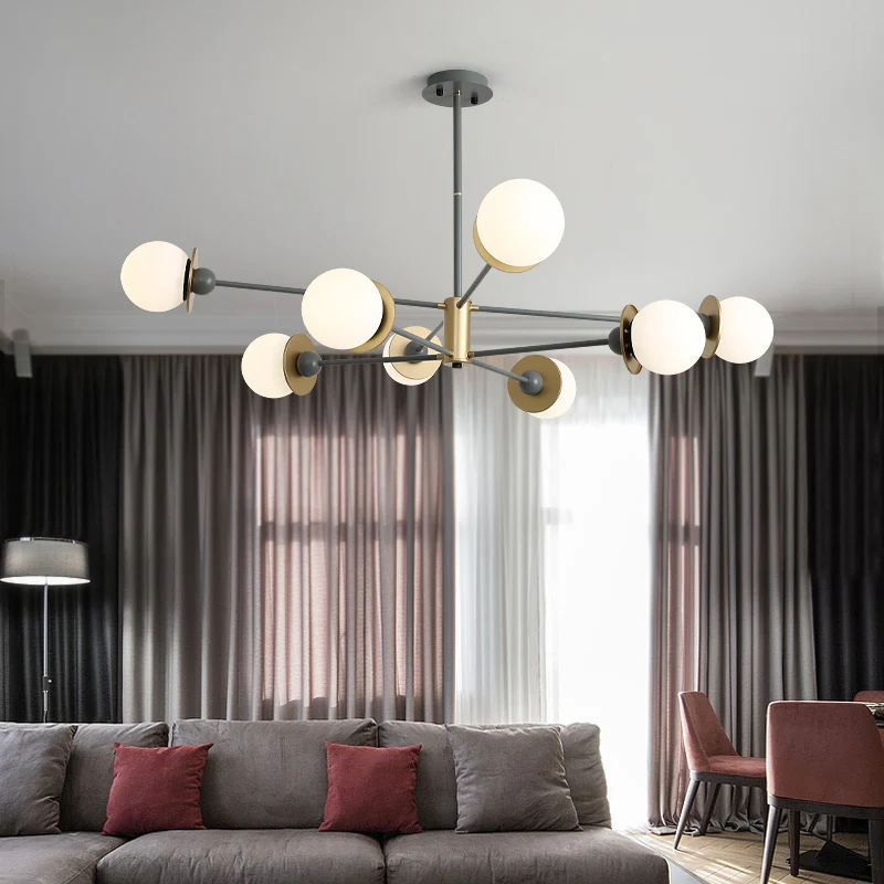 Lustre suspendu gris moderniste à 8 ampoules, Kit d'éclairage suspendu avec abat-jour en verre dépoli opale boule Clearhalo