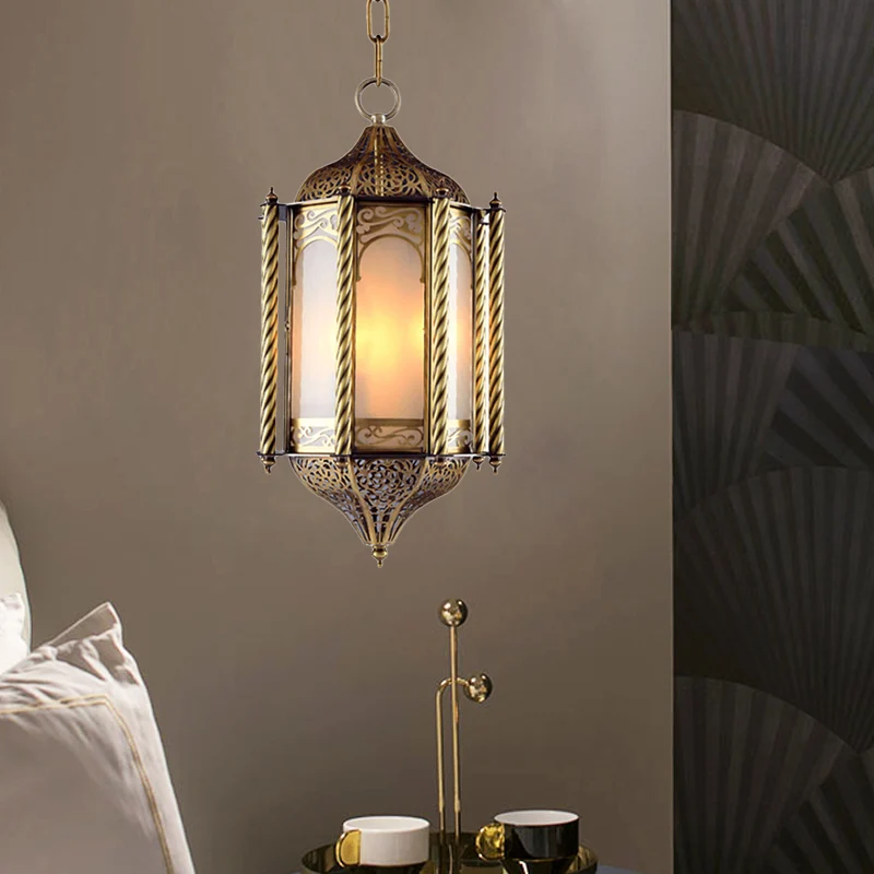 Lustre suspendu en laiton métallique, lanterne à 3 lumières, plafonnier arabe suspendu avec abat-jour en verre opale Clear...