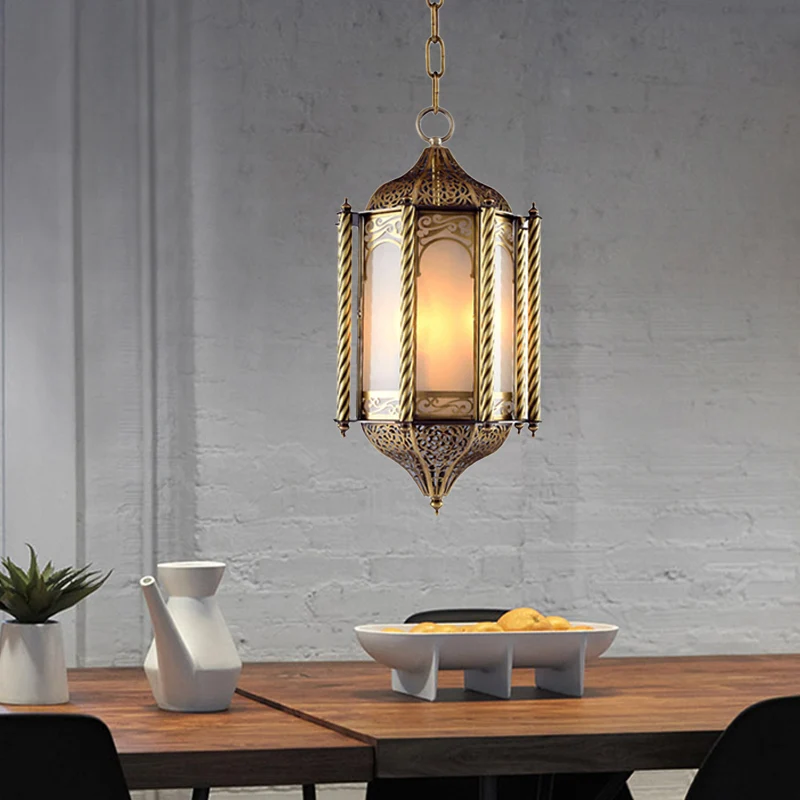 Lustre suspendu en laiton métallique, lanterne à 3 lumières, plafonnier arabe suspendu avec abat-jour en verre opale Clear...