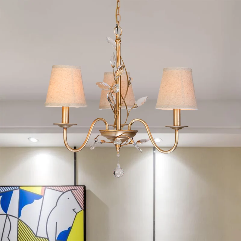 Lustre suspendu à 3 lumières, branche traditionnelle, lampe en cristal à facettes en or avec abat-jour en toile de jute Cl...