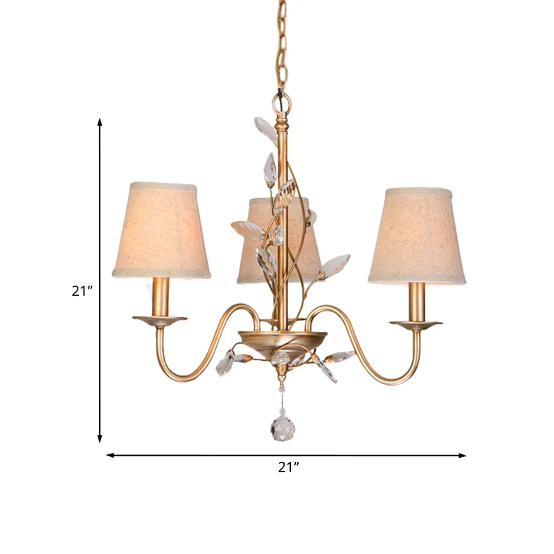 Lustre suspendu à 3 lumières, branche traditionnelle, lampe en cristal à facettes en or avec abat-jour en toile de jute Cl...