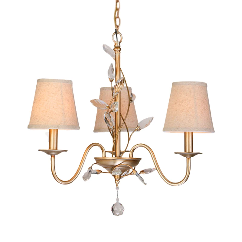 Lustre suspendu à 3 lumières, branche traditionnelle, lampe en cristal à facettes en or avec abat-jour en toile de jute Cl...