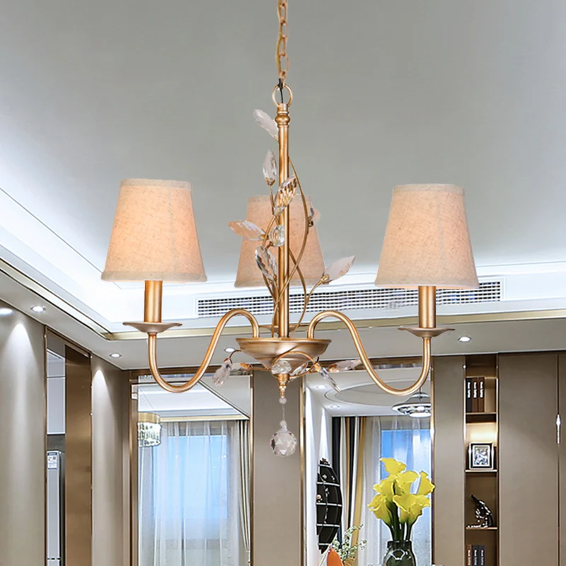 Lustre suspendu à 3 lumières, branche traditionnelle, lampe en cristal à facettes en or avec abat-jour en toile de jute Cl...
