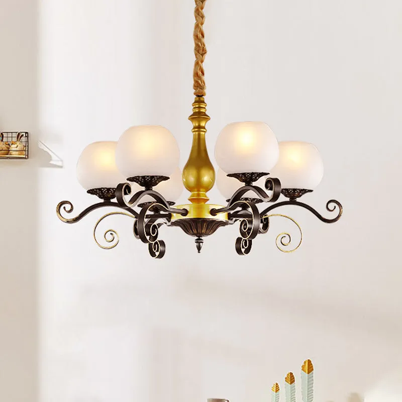 Lustre suspendu à 6 lumières, bras à volutes Antique, luminaire en verre blanc, noir et or Clearhalo