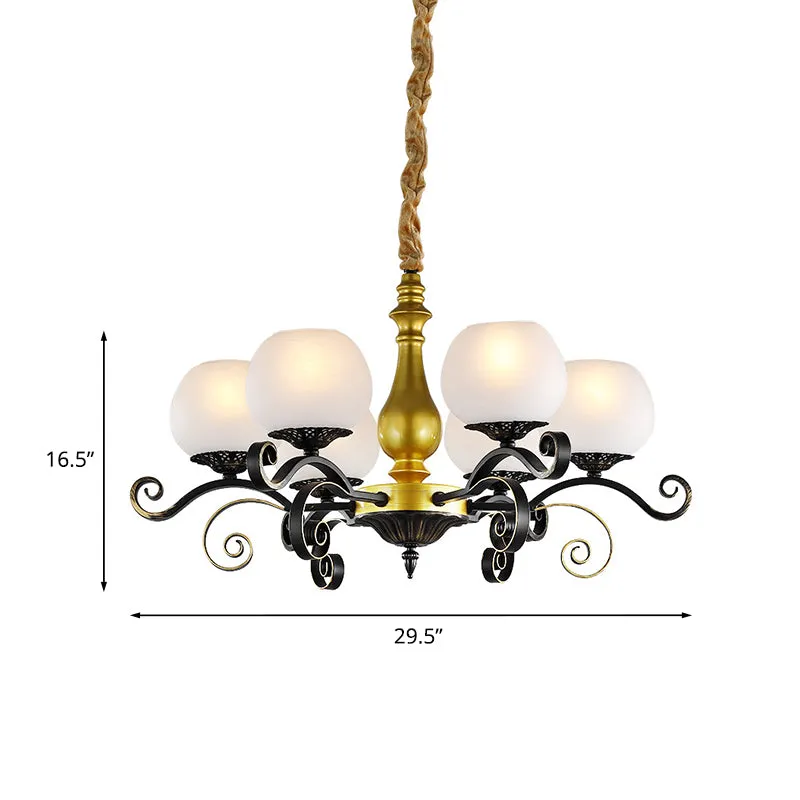 Lustre suspendu à 6 lumières, bras à volutes Antique, luminaire en verre blanc, noir et or Clearhalo