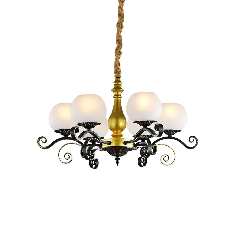 Lustre suspendu à 6 lumières, bras à volutes Antique, luminaire en verre blanc, noir et or Clearhalo