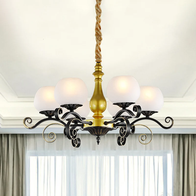 Lustre suspendu à 6 lumières, bras à volutes Antique, luminaire en verre blanc, noir et or Clearhalo